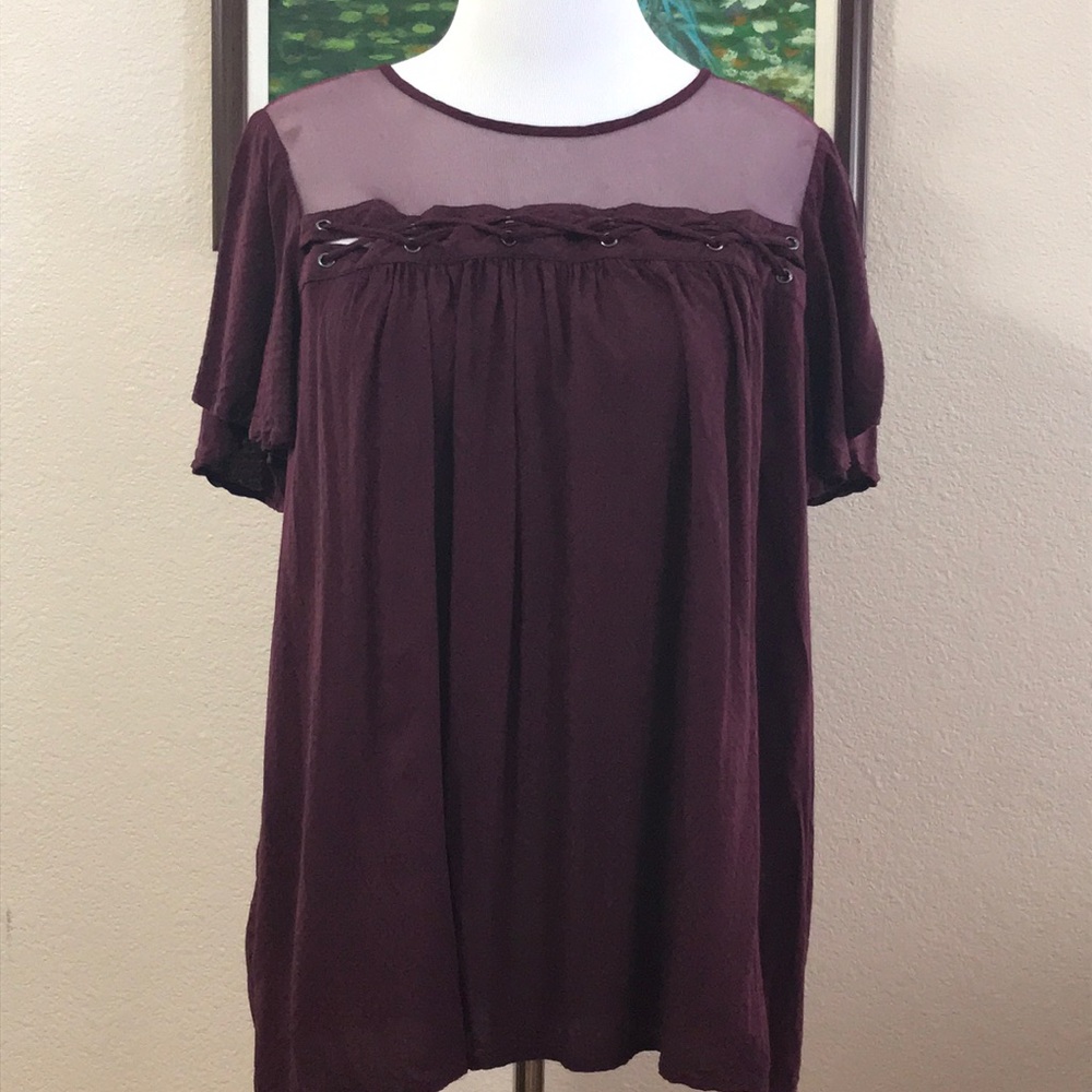 Torrid burgundy lace up trim mesh inset blouse
